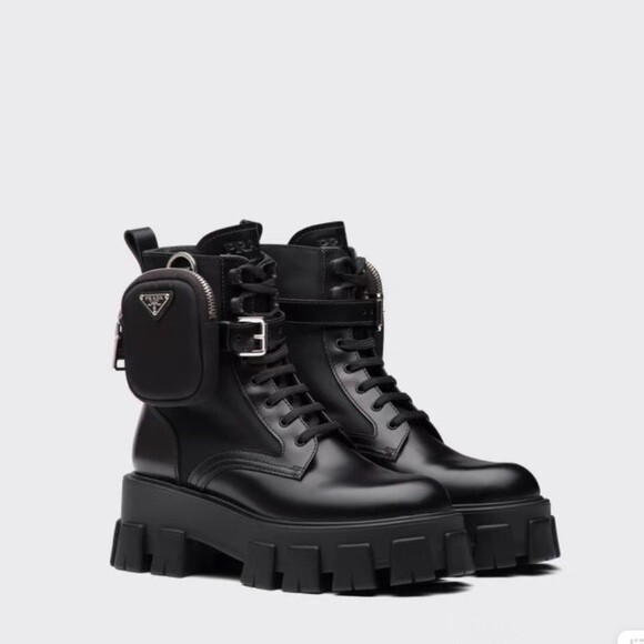 Shoes - PRADA Leather Zip Pocket Combat Booties